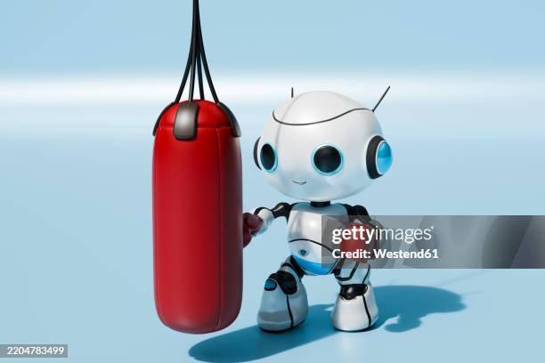 robot practicing boxing in front of blue background - punch bag stock illustrations