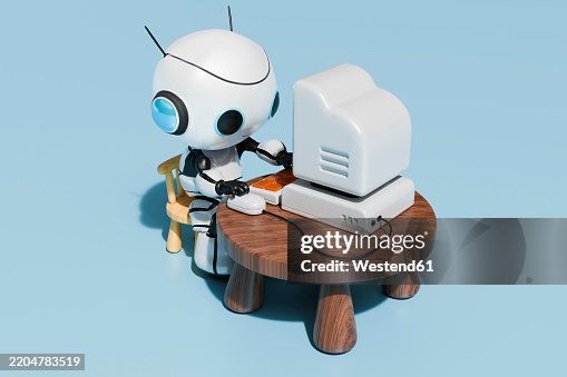 AI generated robot using desktop PC in front of blue background AI generated robot using desktop PC in front of blue background