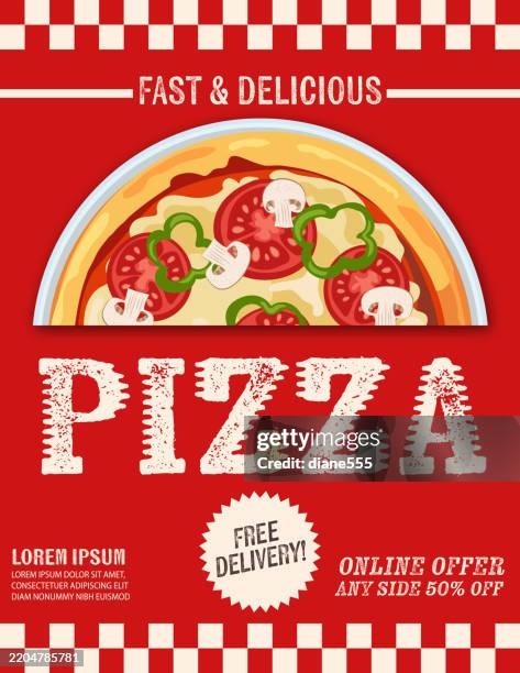 ilustraciones, imágenes clip art, dibujos animados e iconos de stock de plantilla de fondo - volante de pizza - pizza