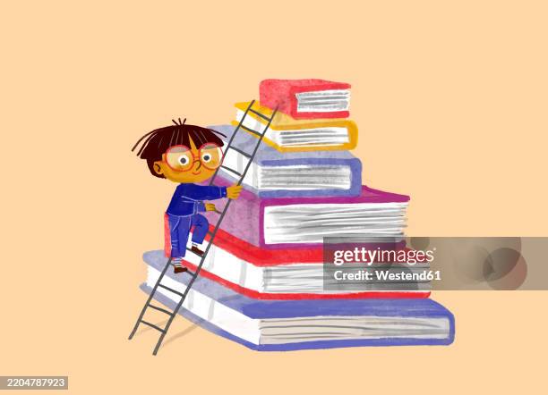illustration of a student climbing a ladder on a stack of books - stairs goals cartoon stock illustrations
