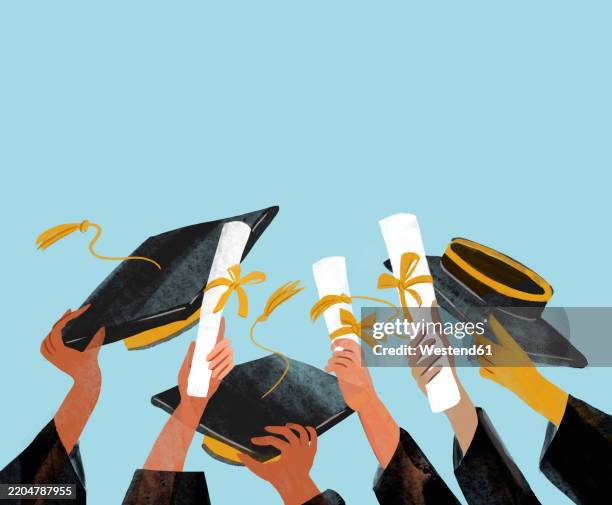 illustrations, cliparts, dessins animés et icônes de illustration of students celebrating graduation with diplomas and hats raised - robe du soir