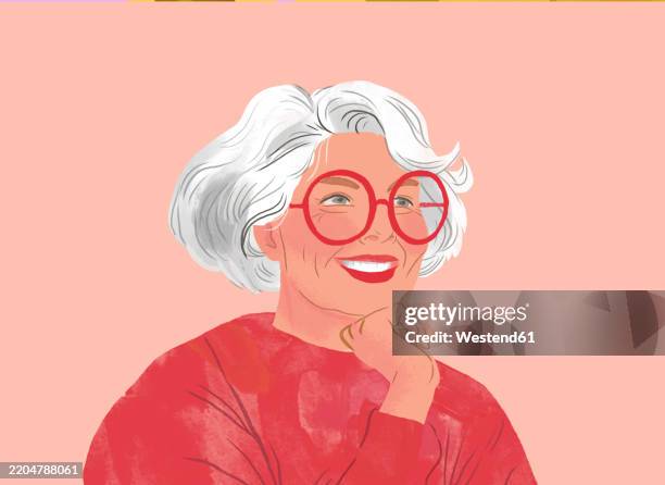 stockillustraties, clipart, cartoons en iconen met illustration of a smiling elderly lady with gray hair and red glasses - seniore vrouwen