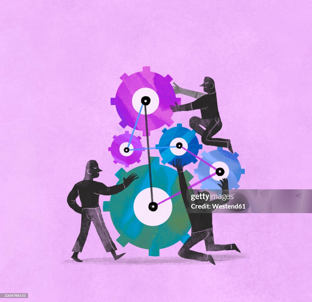 Illustration of people working together to connect gears