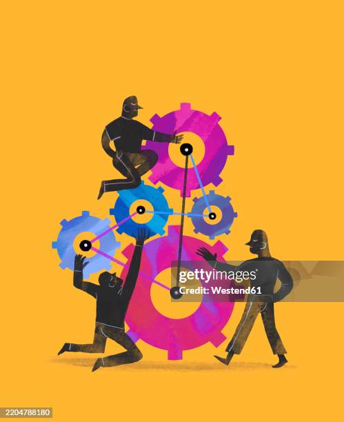 illustration of workers collaborating to set up colorful gears on a yellow background - oil rig worker stock illustrations
