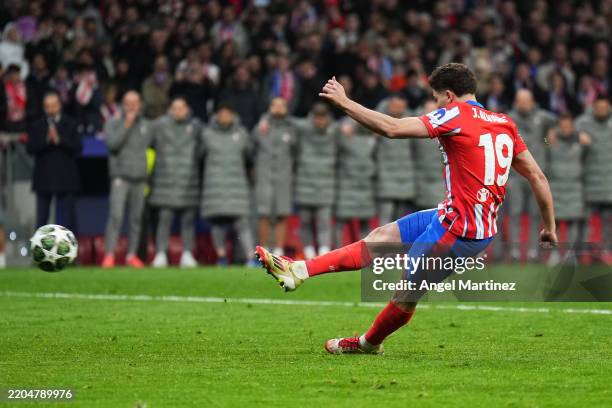 Julian Alvarez of Atletico de Madrid scores the team's second penalty in the penalty shoot out, which is later ruled out following a VAR Review due...