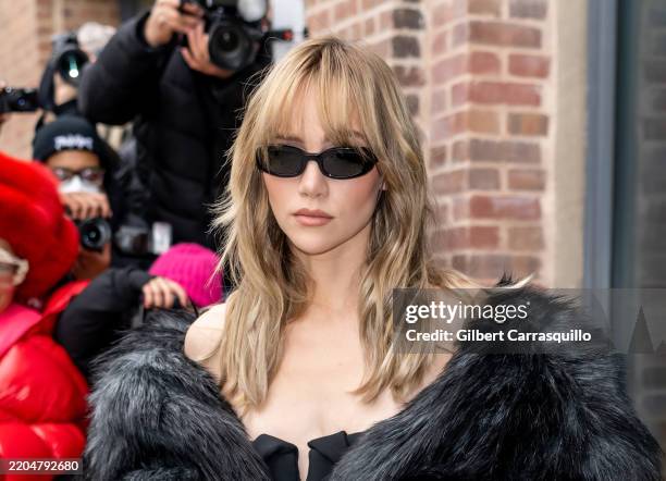 Singer-songwriter and actress Suki Waterhouse is seen arriving to the Michael Kors Collection Fall/Winter 2025 Runway Show at Terminal Warehouse on...