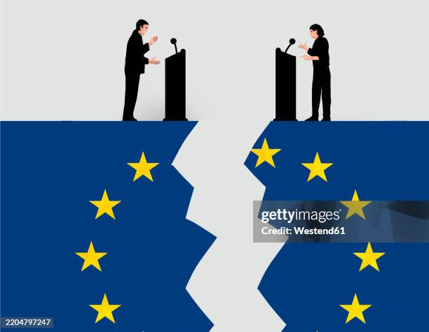 concept illustration of two speakers arguing on a broken european flag - europaflagge stock-grafiken, -clipart, -cartoons und -symbole