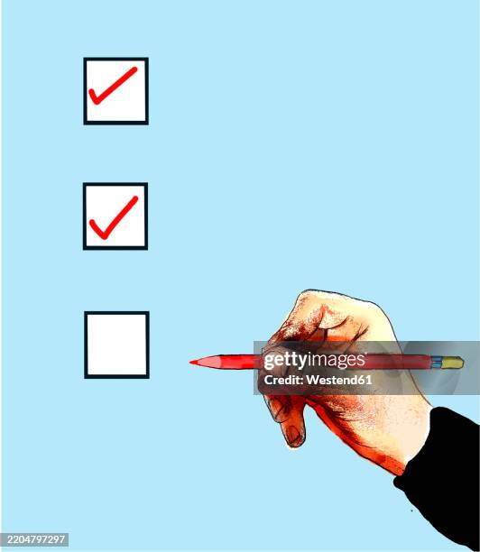 ilustrações, clipart, desenhos animados e ícones de illustration of a hand with a red pencil ticking boxes on a checklist - caixa registradora