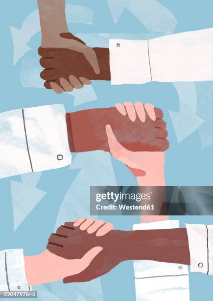 illustration of hands shaking in a supportive business context - community support stock illustrations
