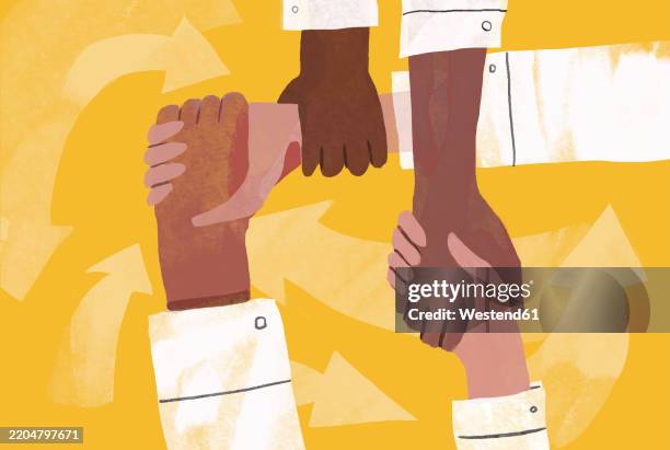 ilustraciones, imágenes clip art, dibujos animados e iconos de stock de illustration of hands joined together symbolizing teamwork and support - manos unidas