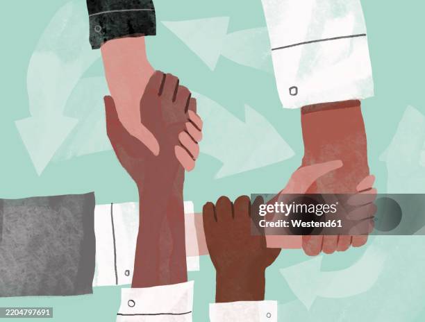 illustration of diverse hands joined in a supportive handshake symbolizing teamwork and unity - bonding stock illustrations
