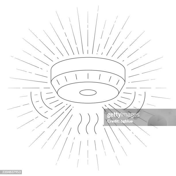 ilustraciones, imágenes clip art, dibujos animados e iconos de stock de detector de humo. icono de línea con rayos de sol sobre fondo blanco - smoke-detector-with-smoke