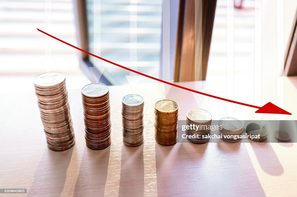 Downward Moving Arrow Chart Graph Of A Declining Business High-Res ...