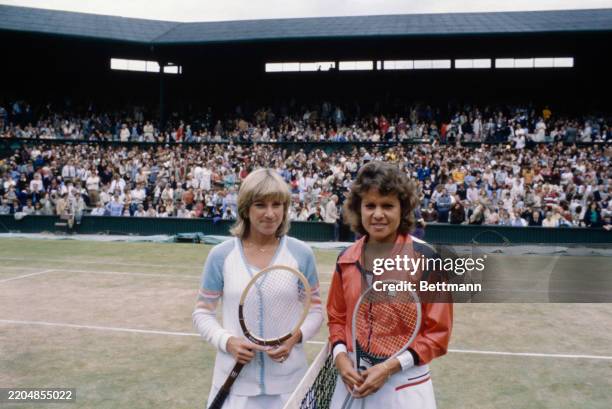 American tennis player Chris Evert Lloyd and Australia's Evonne Goolagong Cawley pose ahead of the women's singles final at the Wimbledon Tennis...