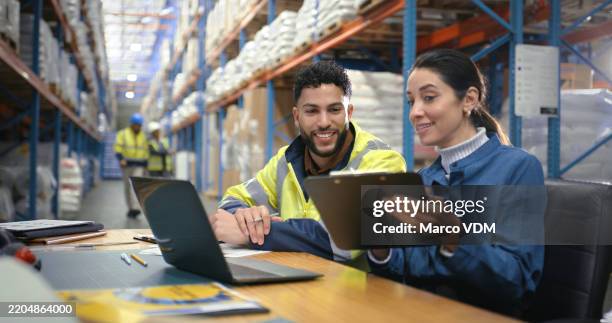 business people, distribution and laptop with conversation, clipboard and logistics. employees, coworking and warehouse for export, documents and tech with internet, supply chain and check schedule - lagerlokal bildbanksfoton och bilder