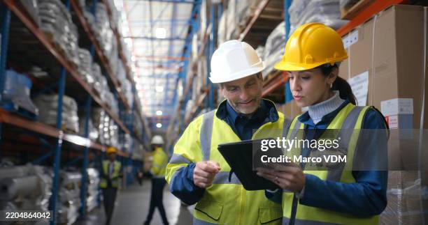 quality control, woman and man in warehouse with tablet, coordination and distribution. logistics, manager and digital checklist in storage facility with delivery, export or shipping in supply chain - arbetssäkerhet bildbanksfoton och bilder