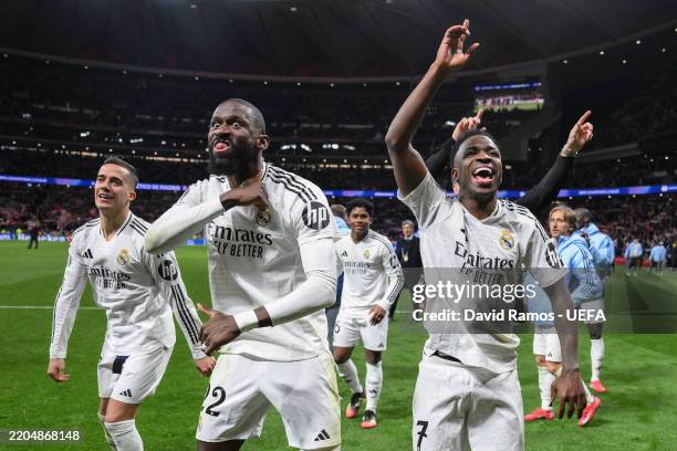 Lucas Vázquez, Antonio Rüdiger and Vinícius Júnior of Real Madrid celebrate at the end of the UEFA Champions League 2024/25 UEFA Champions League...