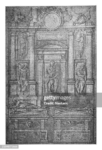 design for a double tomb in the medici chapel by michelangelo - basilica di san lorenzo florence stock illustrations