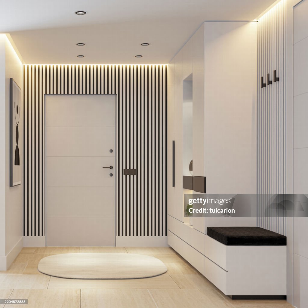 White and Elegant Minimalist Entrance with Natural Stone Aesthetics