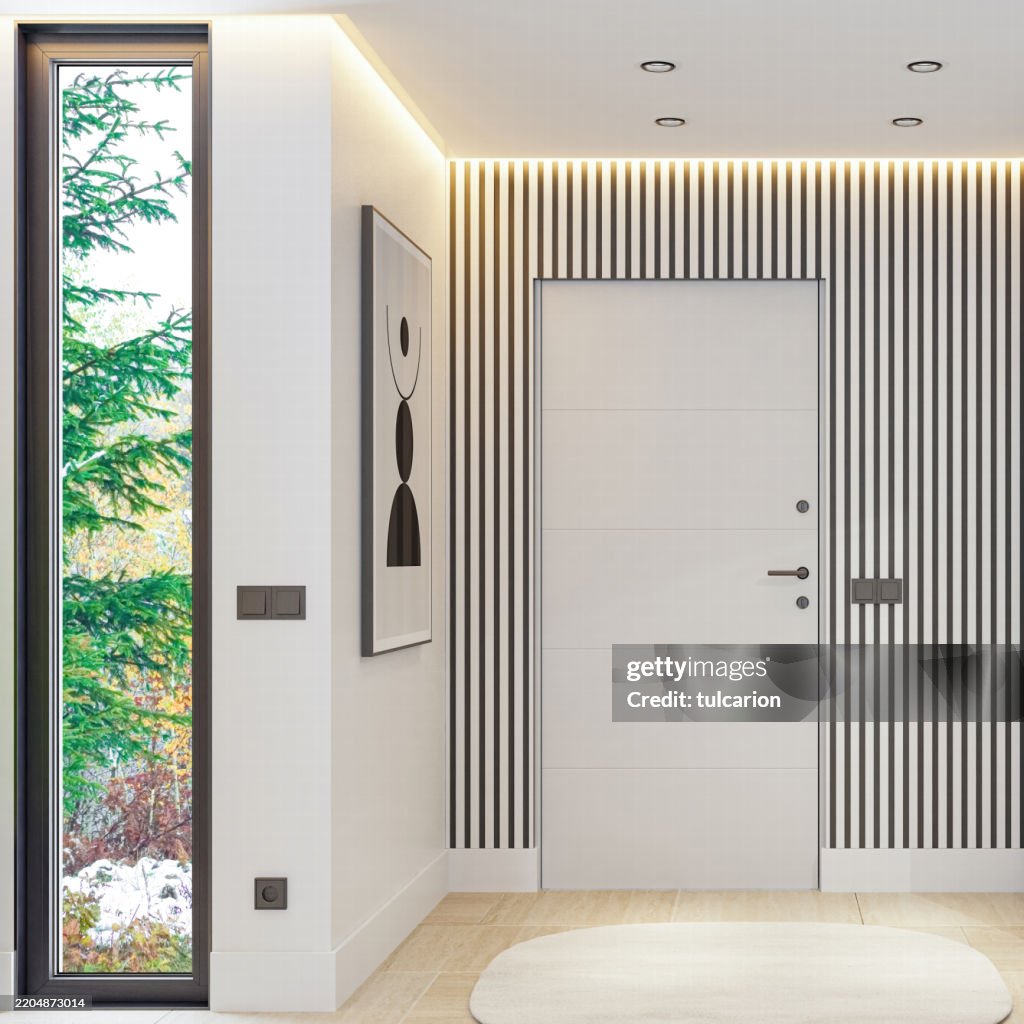 White and Elegant Minimalist Entrance with Natural Stone Aesthetics