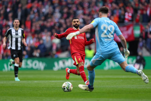 Mohamed Salah of Liverpool in action during the Carabao Cup Final between Liverpool and Newcastle United at Wembley Stadium on March 16, 2025 in...