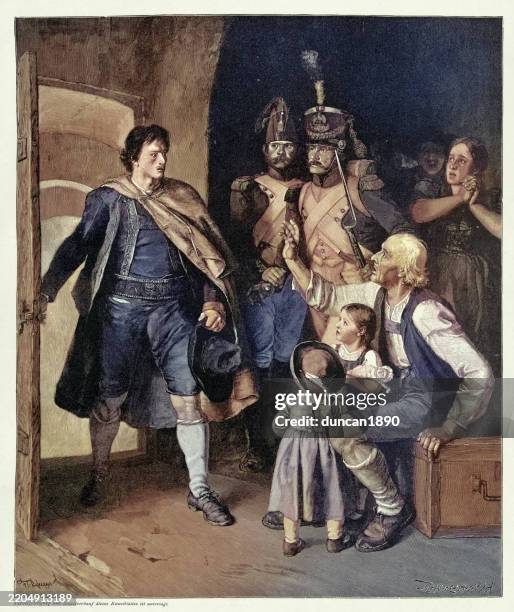 man returning home to find soldiers searching his house, after franz defregger, victorian austrian art 19th century - military uniform painting stock illustrations