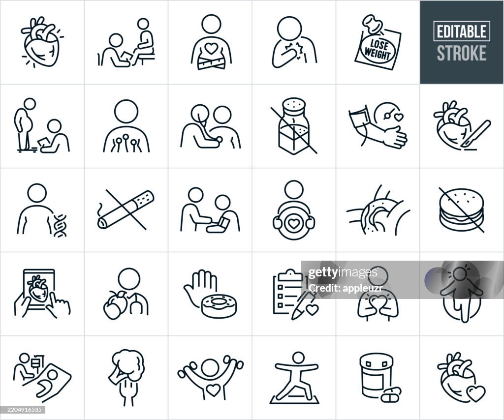 Enfermedades Cardíacas Y Prevención Íconos De Línea Fina - Trazo Editable - Los íconos Incluyen - Los íconos incluyen Insuficiencia Cardíaca, Cardiólogo, Ataque Cardíaco, Colesterol, Hipertensión, Presión Arterial Alta, Condición Médica, Perso