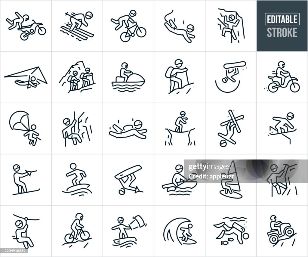 Extreme Sports Thin Line Icons - Editable Stroke - Icons Include Outdoors, Skiing, Motocross, Bungie Jumping, Mountain Climbing, Skydiving, Hiking, Snowboarding, Rappelling, Kayaking, Kite Sailing, Ice Climbing, Surfing, Scuba Diving