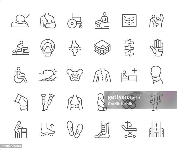 medical orthopedic icon set. editable stroke weight. pixel perfect icons. - neck muscle pain illustration stock illustrations