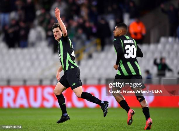 Hannes Van der Bruggen of Cercle Brugge KSV celebrates scoring his team's first goal during the UEFA Conference League 2024/25 Round of 16 Second Leg...