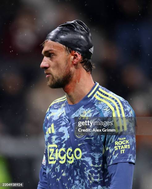 Daniele Rugani of AFC Ajax looks on, while wearing a swimming cap to cover a injury during the UEFA Europa League 2024/25 Round of 16 Second Leg...