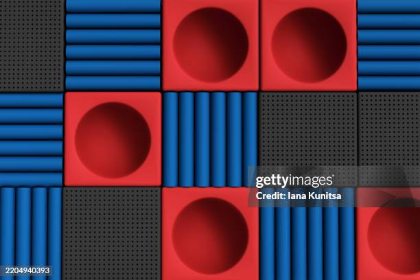 dark blue, black end red cubes, squares, circles shapes background. abstract 3d technology pattern, geometric composition. design element. - cubes pattern stock pictures, royalty-free photos & images