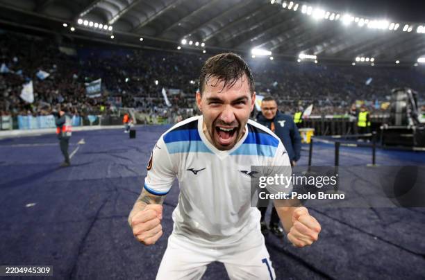 Alessio Romagnoli of Lazio celebrates following victory in the UEFA Europa League 2024/25 Round of 16 Second Leg match between S.S. Lazio and FC...