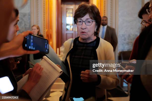 Sen. Susan Collins speaks to reporters outside of the Senate Chambers at the U.S. Capitol on March 13, 2025 in Washington, DC. On Wednesday Senate...