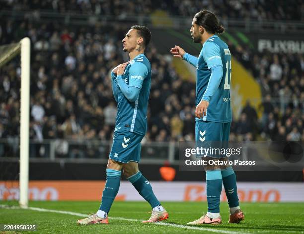 Antony of Real Betis celebrates scoring his team's third goal during the UEFA Conference League 2024/25 Round of 16 Second Leg match between Vitoria...