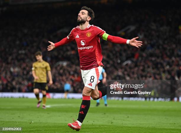 Bruno Fernandes of Manchester United celebrates scoring his team's third goal and competing his hat-trick during the UEFA Europa League 2024/25 Round...