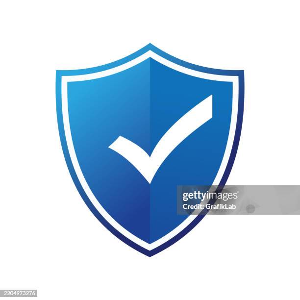 illustrazioni stock, clip art, cartoni animati e icone di tendenza di scudo blu con segno di spunta che rappresenta la sicurezza - scudo