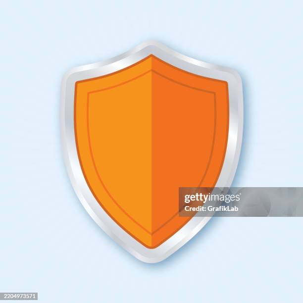 orange shield emblem silver border light blue background - sedation stock illustrations