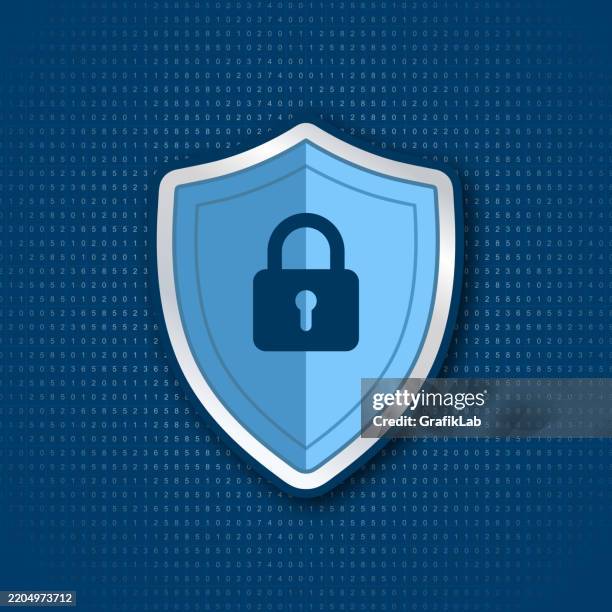 secure cyber shield protecting data with lock icon on binary background - cloud computing security stock illustrations