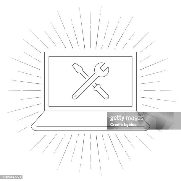 laptop settings - tools. line icon with sunbursts on white background - sun panels stock illustrations