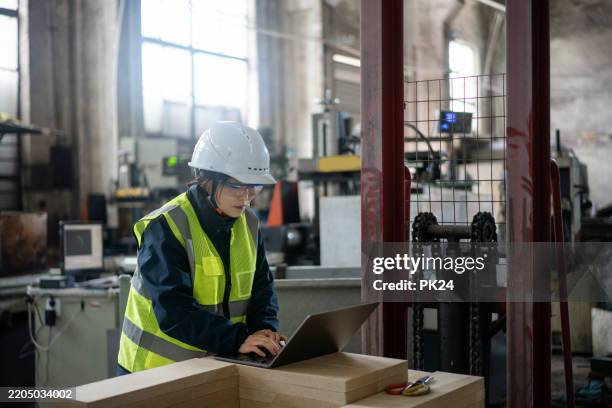 aisan female working on laptop in factory - aisan women stock pictures, royalty-free photos & images
