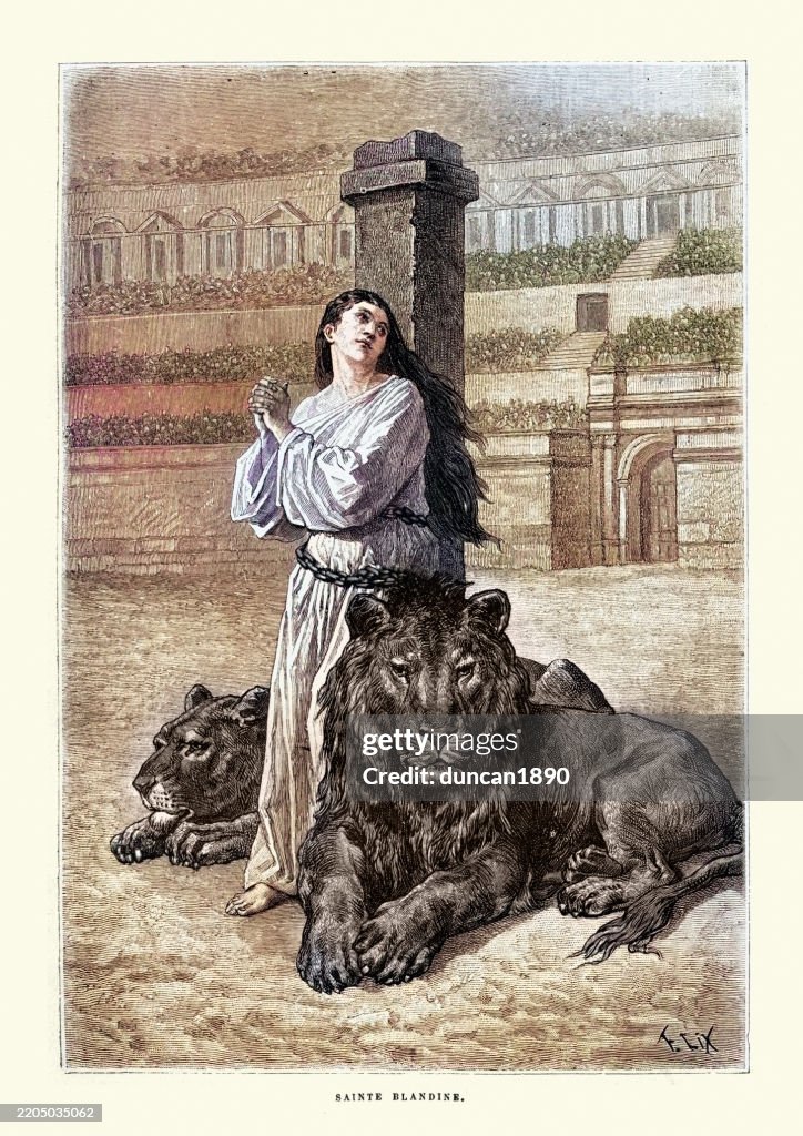 Lions refusing to attack Saint Blandina, Christian martyr, Ancient Roman arena Lyon