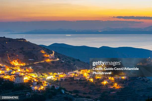 kea island, the village of loulis at dusk - kea stock pictures, royalty-free photos & images