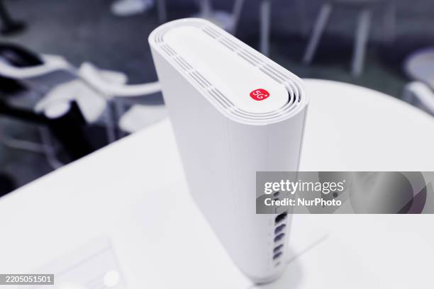 The ZTE G5TS, an entry-level 5G FWA CPE router manufactured by the Chinese company and featuring dual-band Wi-Fi 6, is exhibited during the Mobile...