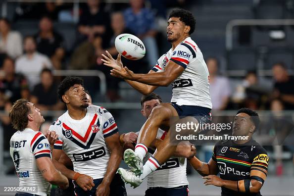 Rob Toia Robert Toia of the Roosters catches the ball during the round two NRL ...