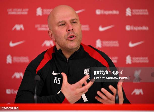 Arne Slot head coach of Liverpool during a press conference at AXA Training Centre on March 14, 2025 in Kirkby, England.