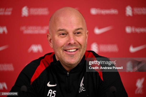 Arne Slot head coach of Liverpool during a press conference at AXA Training Centre on March 14, 2025 in Kirkby, England.