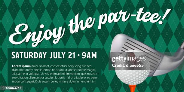 enjoy the par-tee green gold tournament web banner - golf argyle stock illustrations