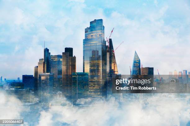 view of london business district with clouds - futurism stock pictures, royalty-free photos & images