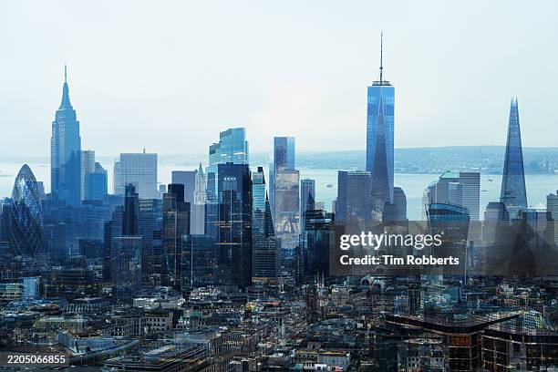 new york city and london multiple exposure image - 20 fenchurch street stockfoto's en -beelden